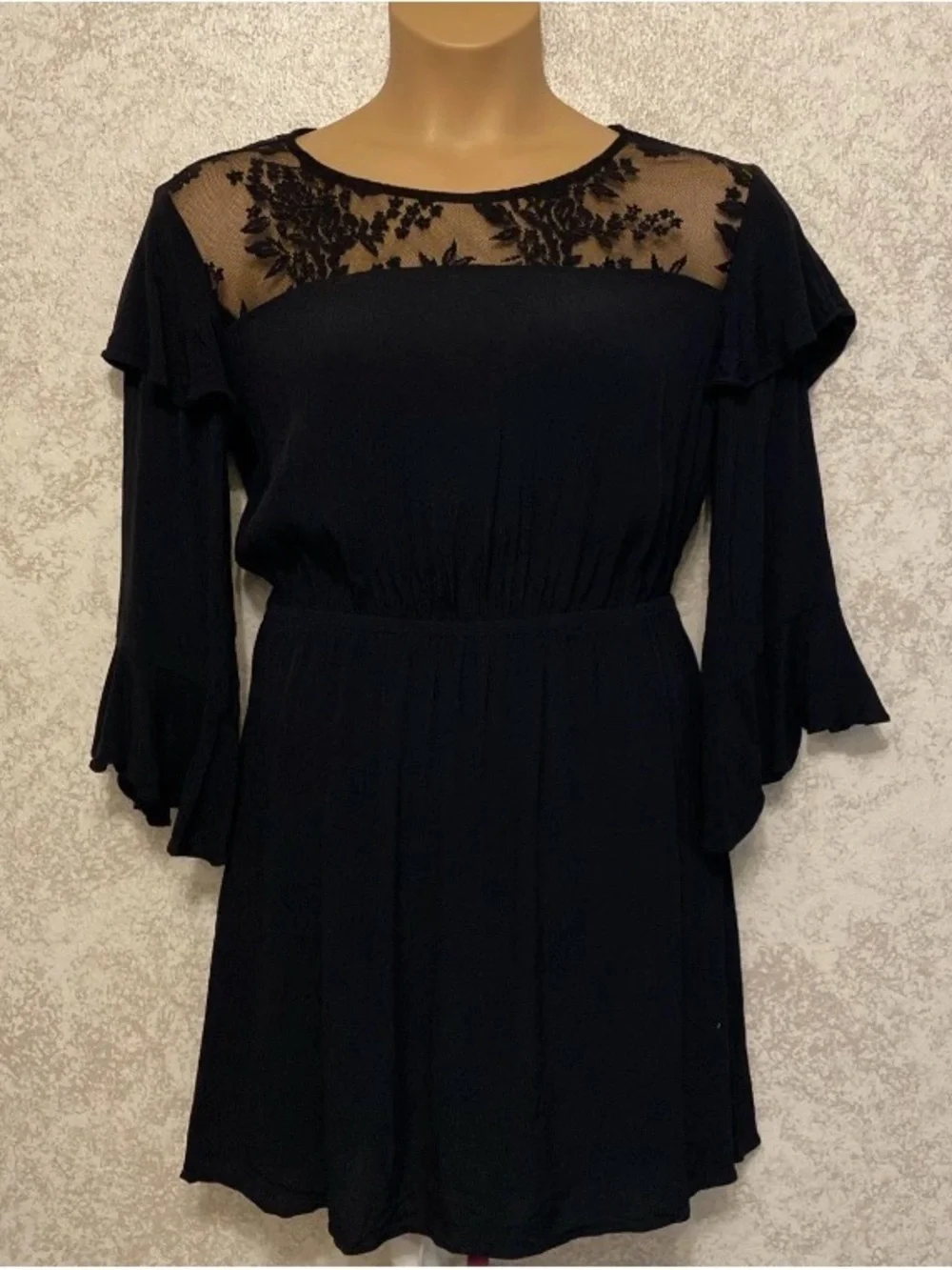 Express Black Floral Lace Yoke Dress with Flared Ruffle Sleeves